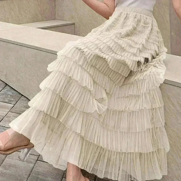 Khaki Boho Womens Solid Layer Ruffle Hem Mesh Skirt - Picture 2 of 5